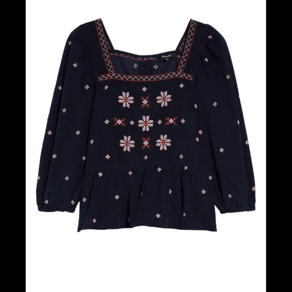 NWT Madewell Embroidered Corduroy Button-Back Peplum Top